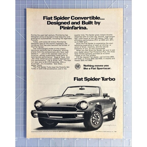Fiat Spider Turbo Convertible "Designed & Built by Pininfarina"Vtg Print Ad 1982 - Picture 2 of 3